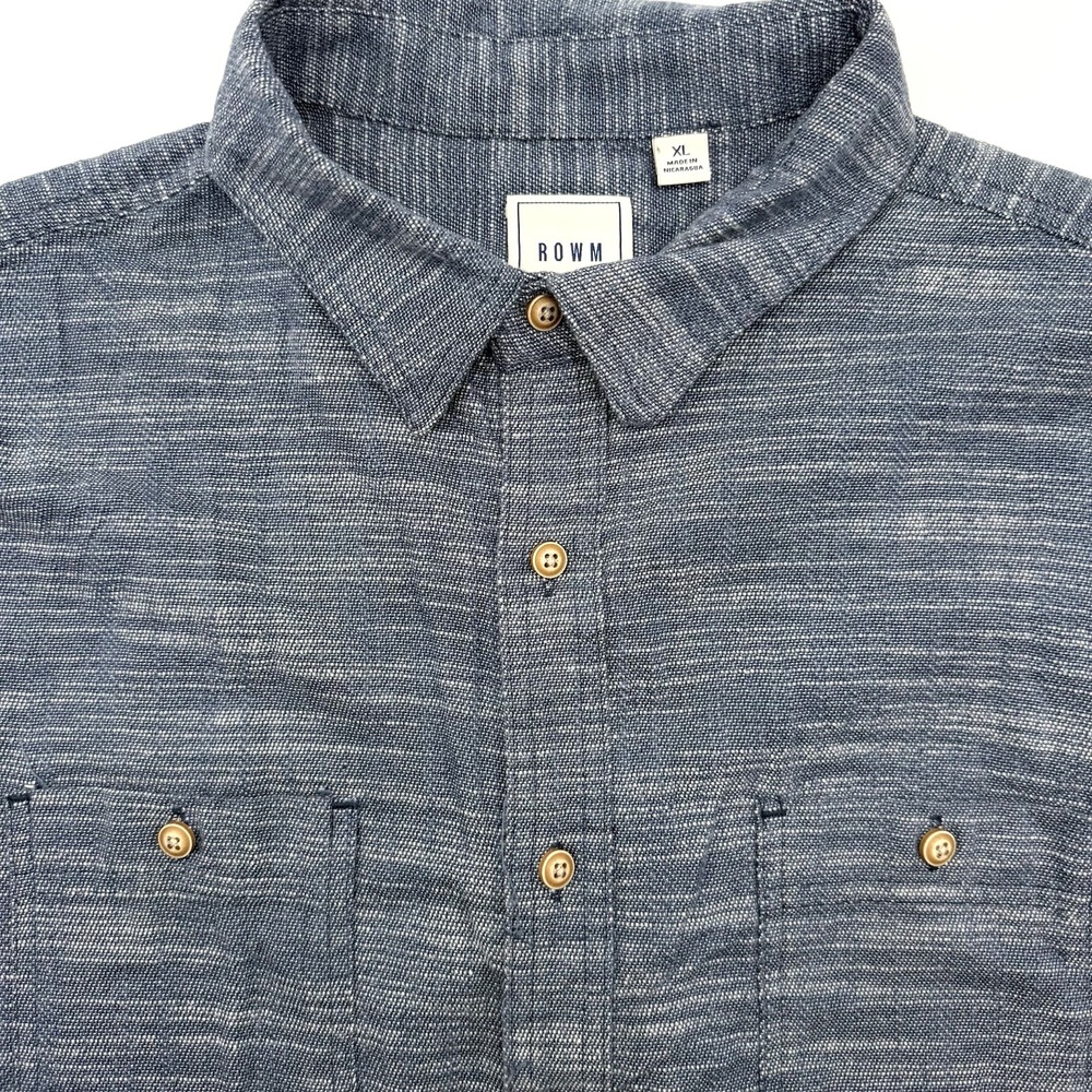 ROWM Shirt Mens XL Blue Slub Textured Cotton Short Sleeve Button Down Casual